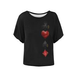 Las Vegas  Black and Red Casino Poker Card Shapes on Black Women's Batwing-Sleeved Blouse T shirt (Model T44)