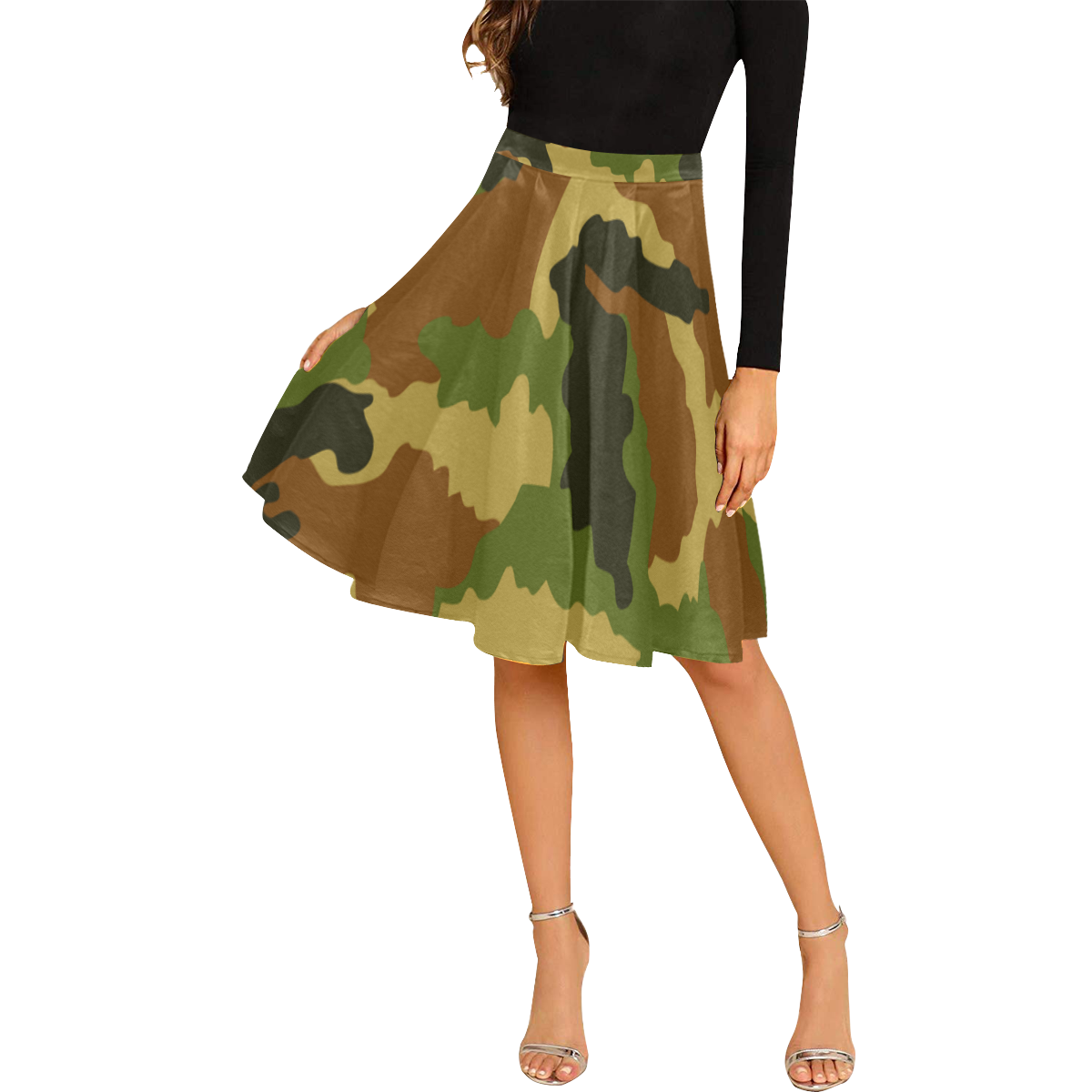 woodland camouflage pattern Melete Pleated Midi Skirt (Model D15)