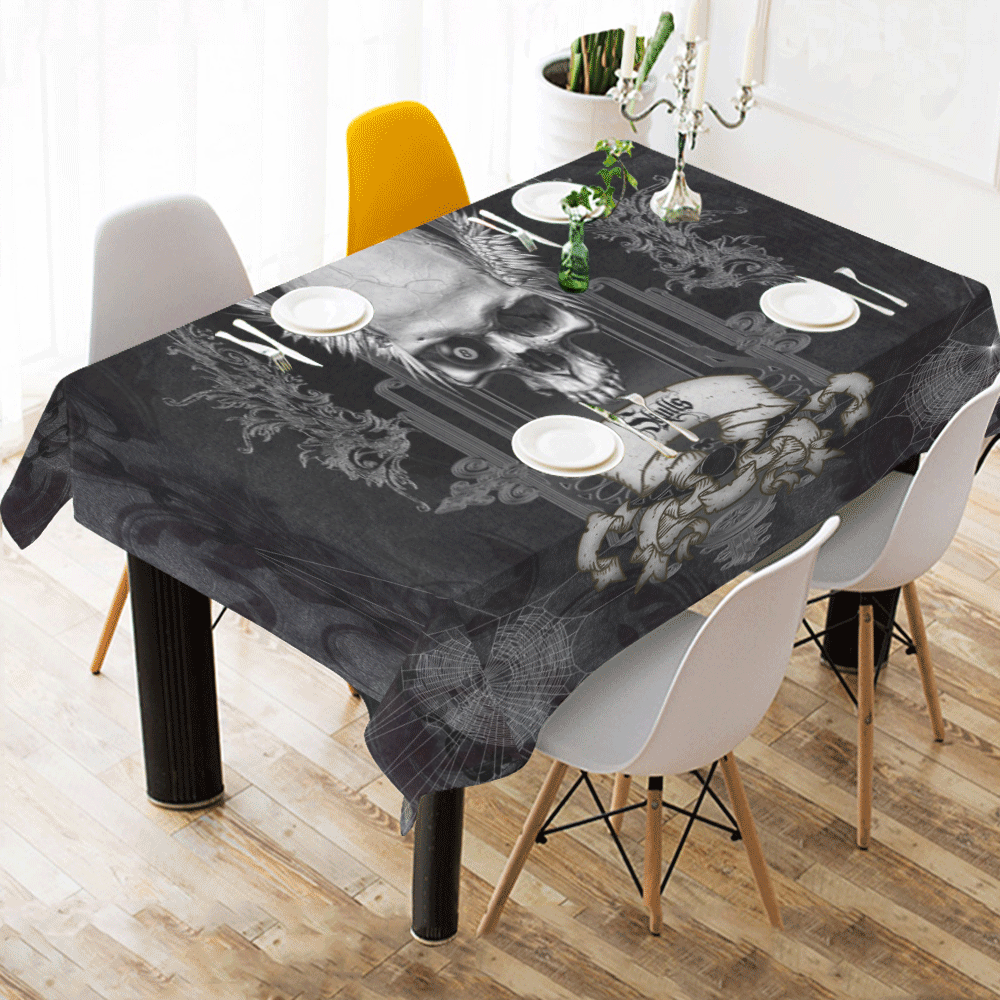 Skull with crow in black and white Cotton Linen Tablecloth 60"x 84"