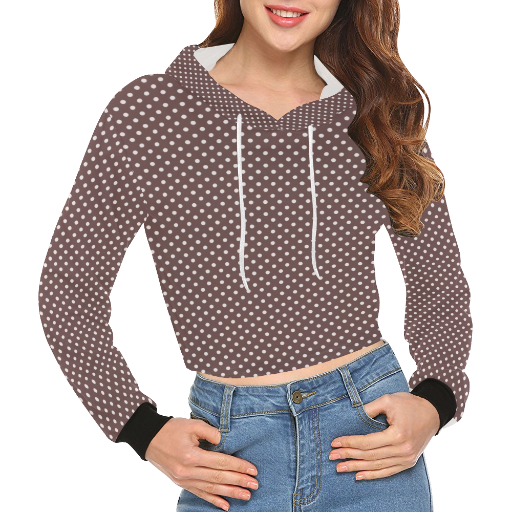 Chocolate brown polka dots All Over Print Crop Hoodie for Women (Model H22)