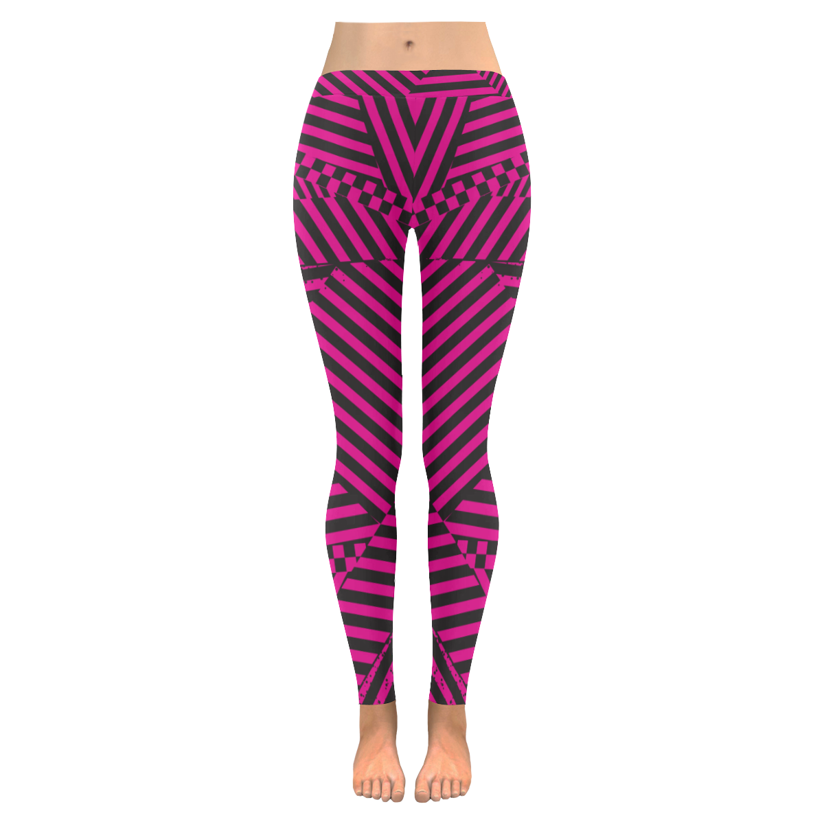 Hot Pink Black Stripes and Checkerboard Women's Low Rise Leggings (Invisible Stitch) (Model L05)