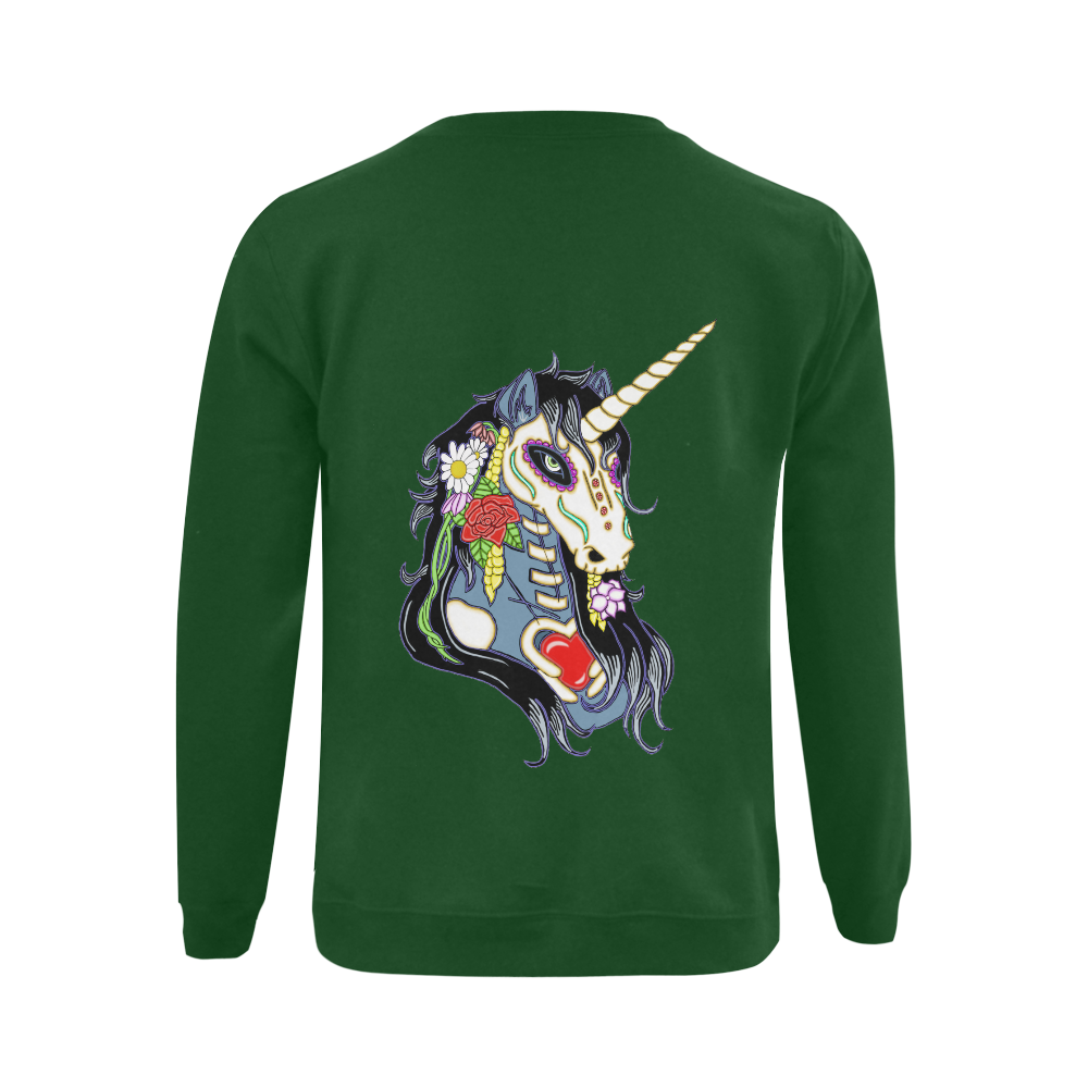 Spring Flower Unicorn Skull Green Gildan Crewneck Sweatshirt(NEW) (Model H01)