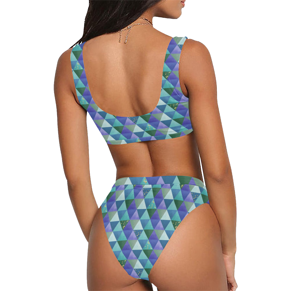 Triangle Pattern - Blue Violet Teal Green Sport Top & High-Waisted Bikini Swimsuit (Model S07)