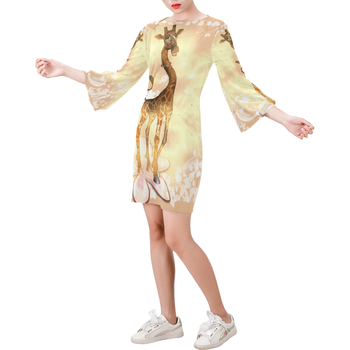 Sweet geiraffe with flowers Bell Sleeve Dress (Model D52)