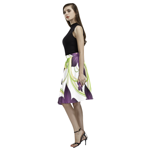 Purple Floral Garden Melete Pleated Midi Skirt (Model D15)