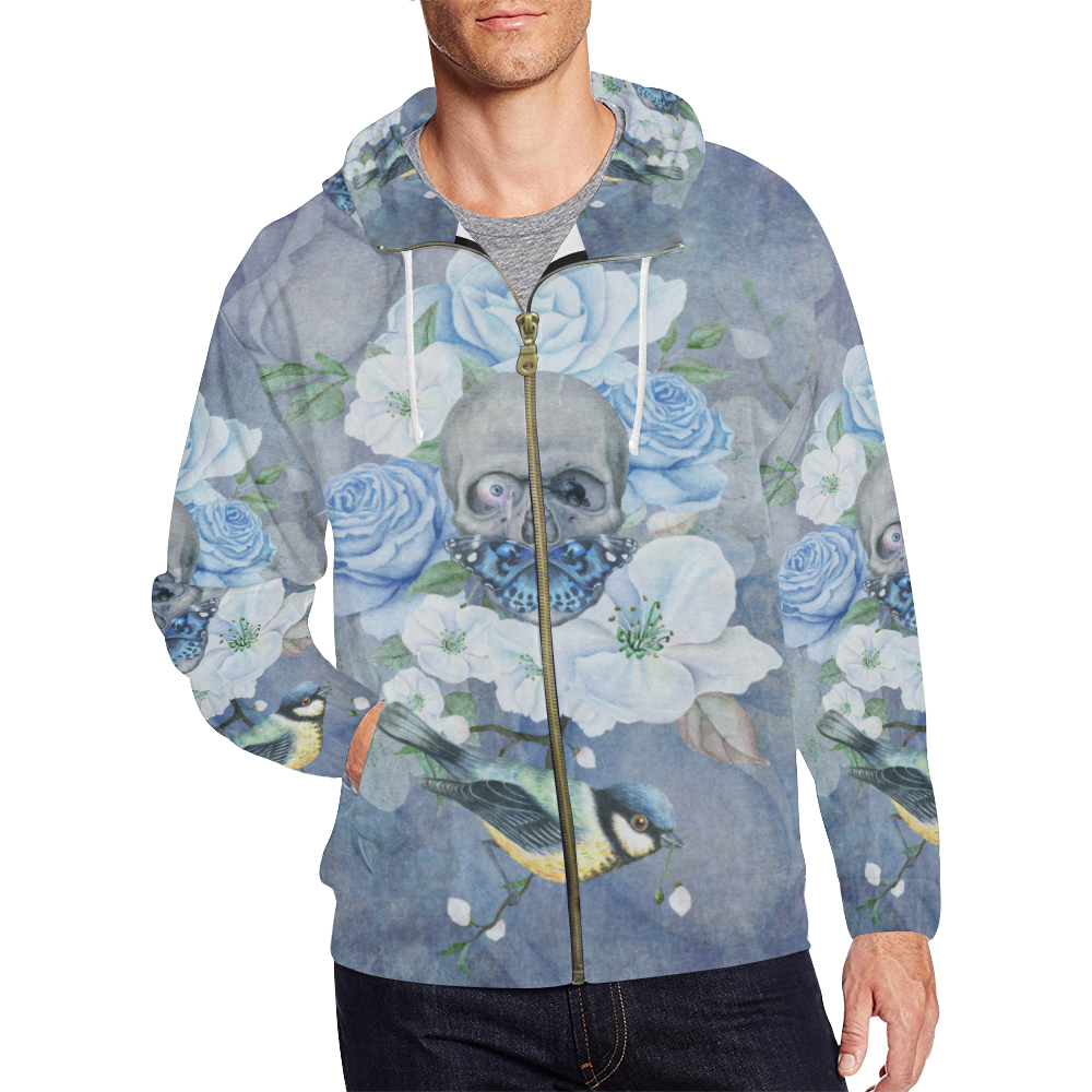 Gothic Skull With Butterfly All Over Print Full Zip Hoodie for Men (Model H14)