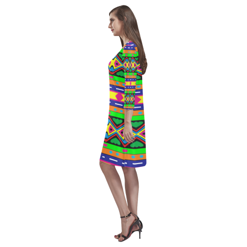 Distorted colorful shapes and stripes Rhea Loose Round Neck Dress(Model D22)