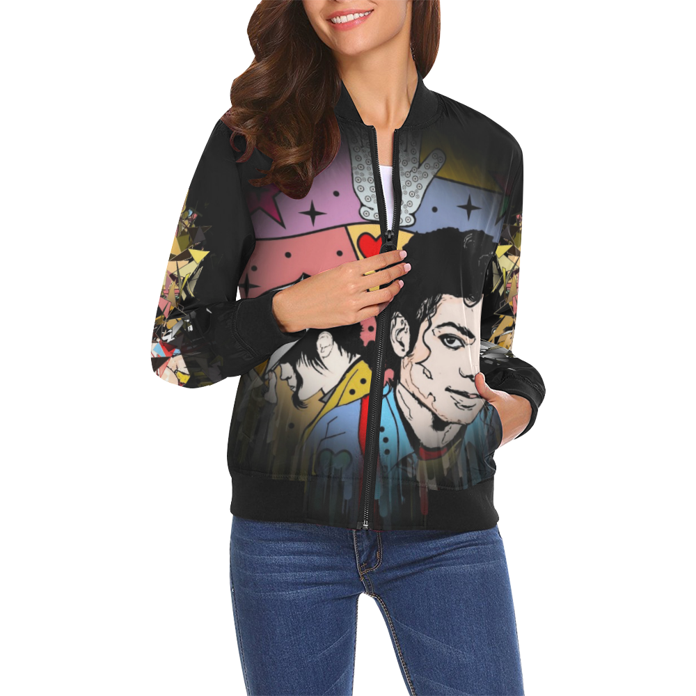 King Michael Popart By Nico Bielow All Over Print Bomber Jacket for Women (Model H19)