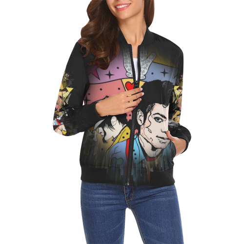 King Michael Popart By Nico Bielow All Over Print Bomber Jacket for Women (Model H19)
