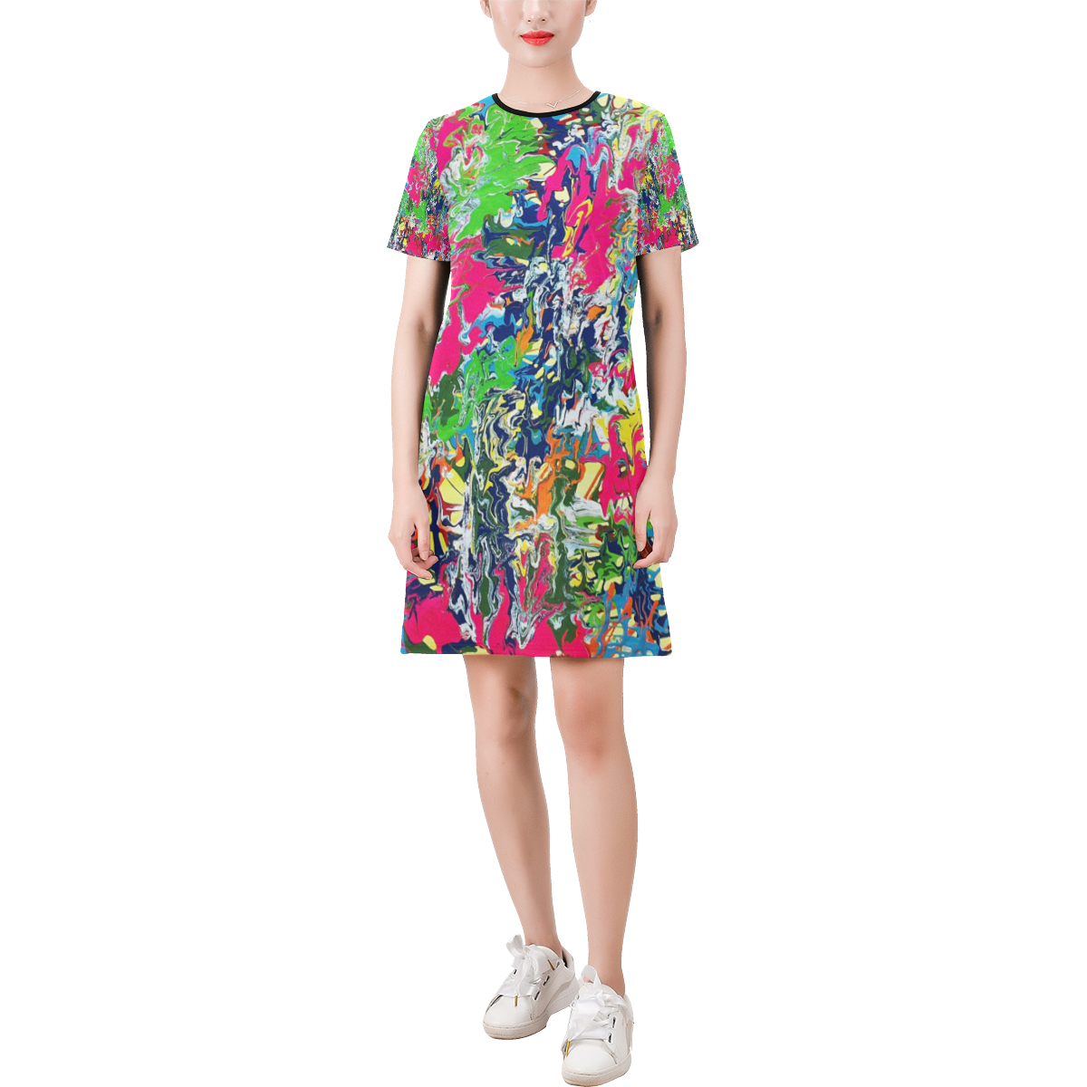 Bridge Short-Sleeve Round Neck A-Line Dress (Model D47)