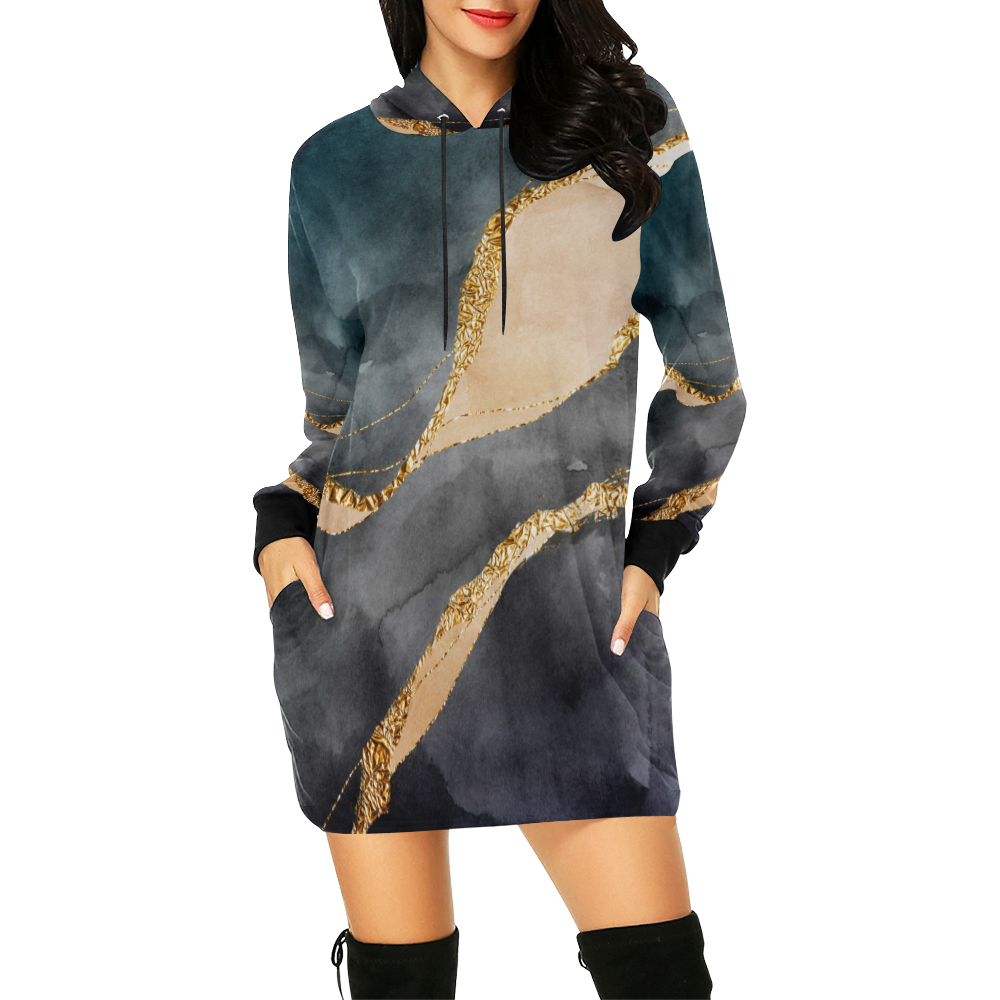 black and gold All Over Print Hoodie Mini Dress (Model H27)