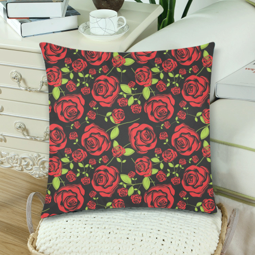 Red Roses on Black Custom Zippered Pillow Cases 18"x 18" (Twin Sides) (Set of 2)