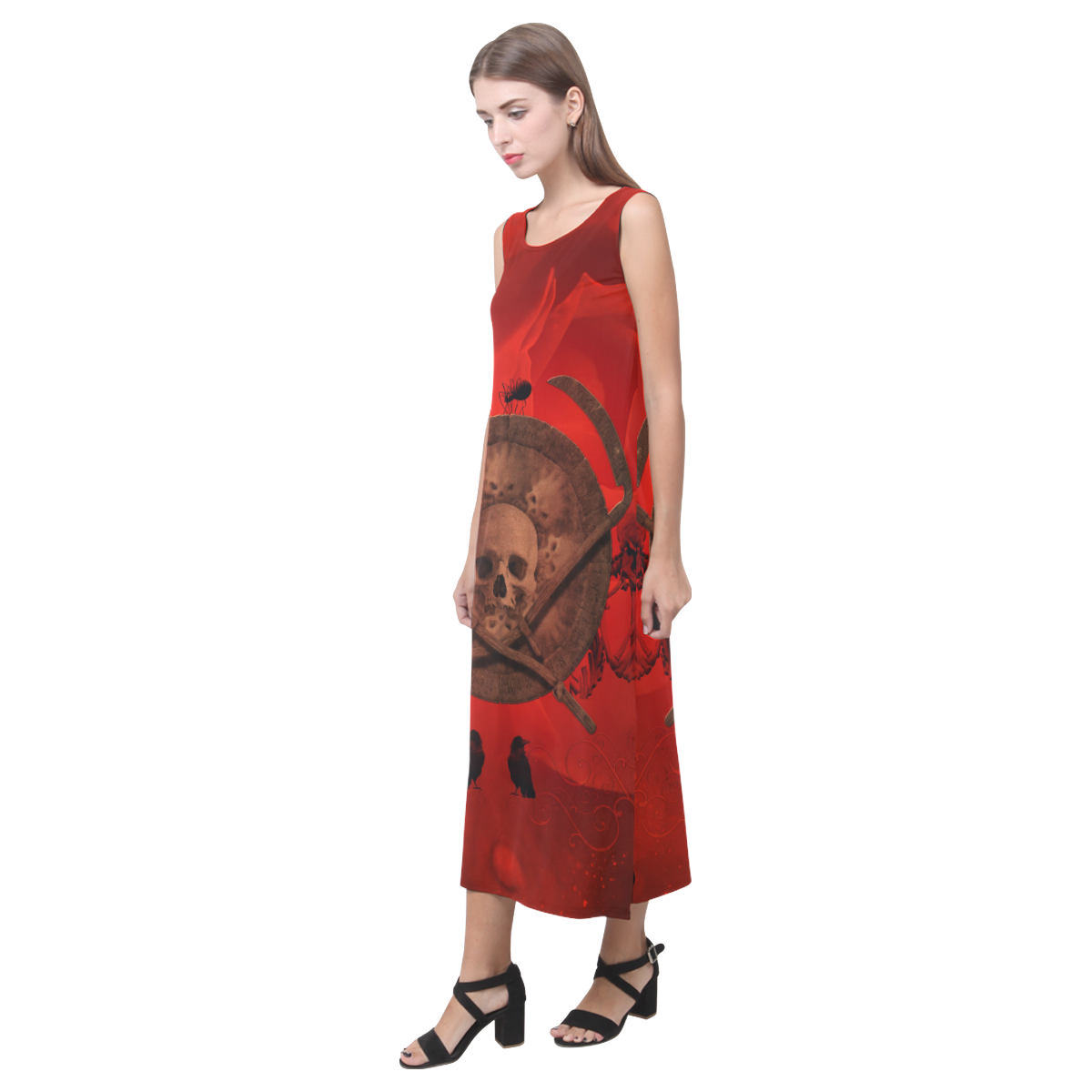 Skulls on red vintage background Phaedra Sleeveless Open Fork Long Dress (Model D08)