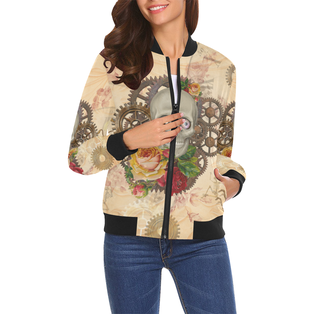 Steampunk Skull With Roses All Over Print Bomber Jacket for Women (Model H19)