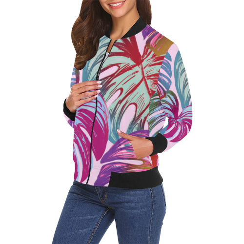 Pretty Leaves B by JamColors All Over Print Bomber Jacket for Women (Model H19)