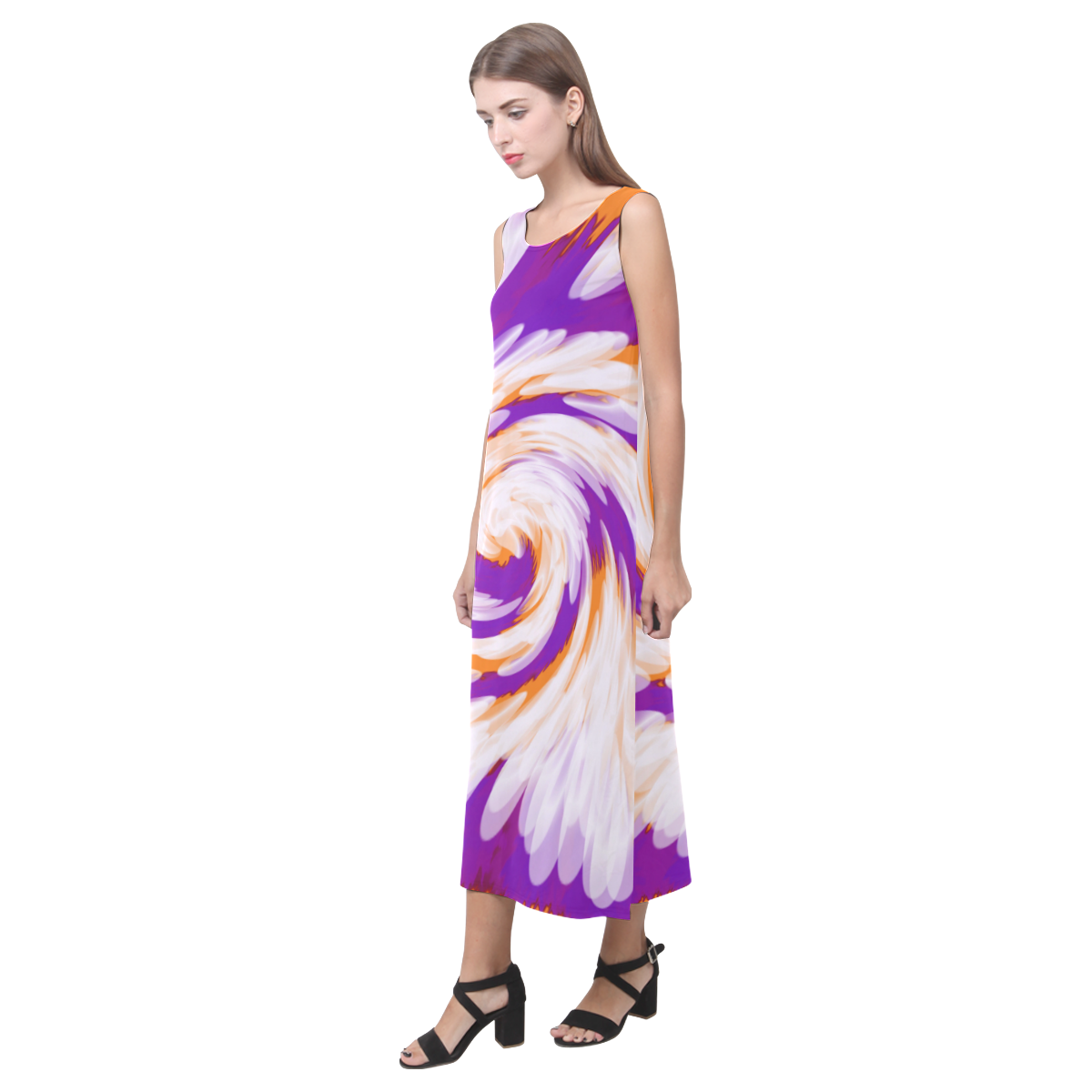 Purple Orange Tie Dye Swirl Abstract Phaedra Sleeveless Open Fork Long Dress (Model D08)