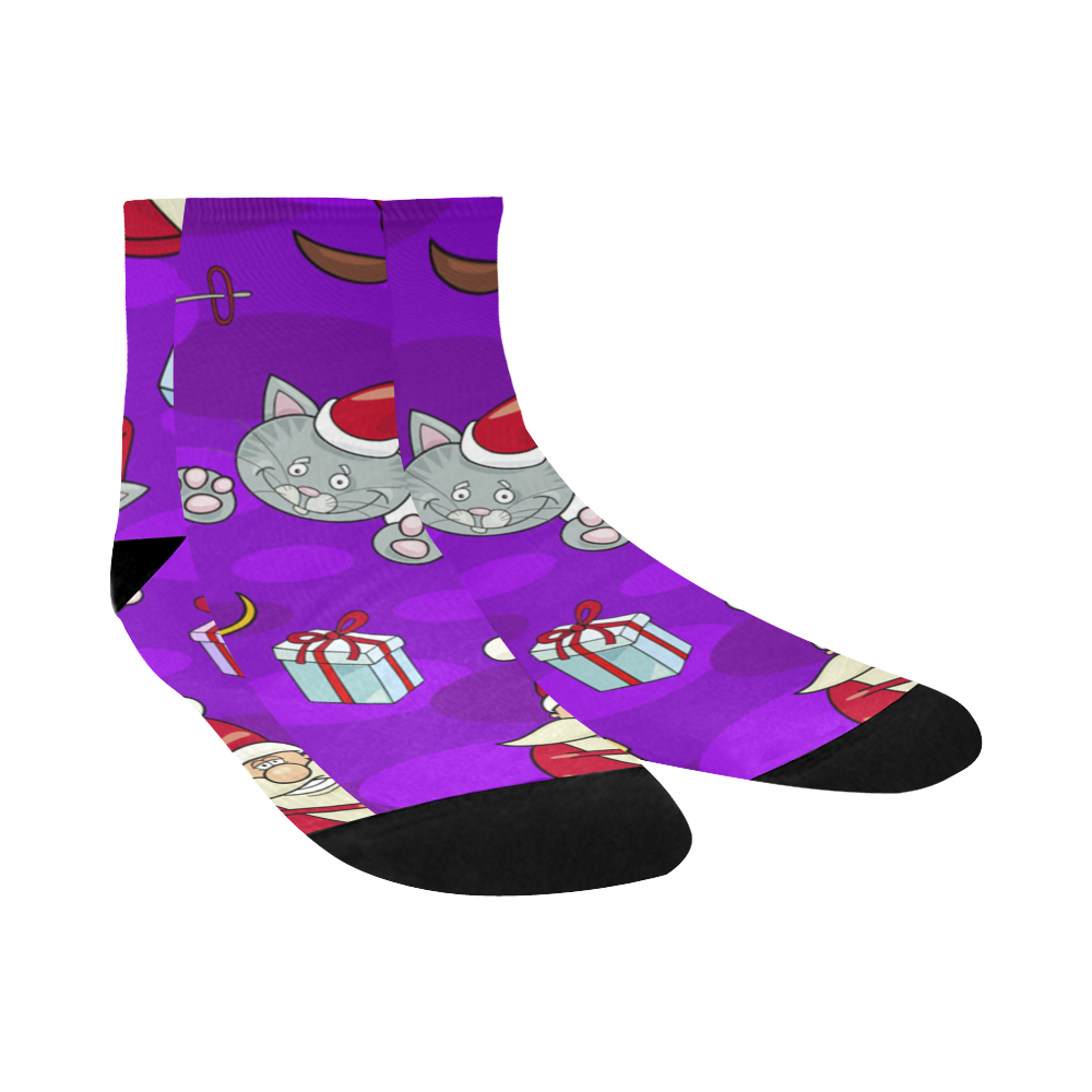 Skiing Santa And Kitty Pattern Quarter Socks
