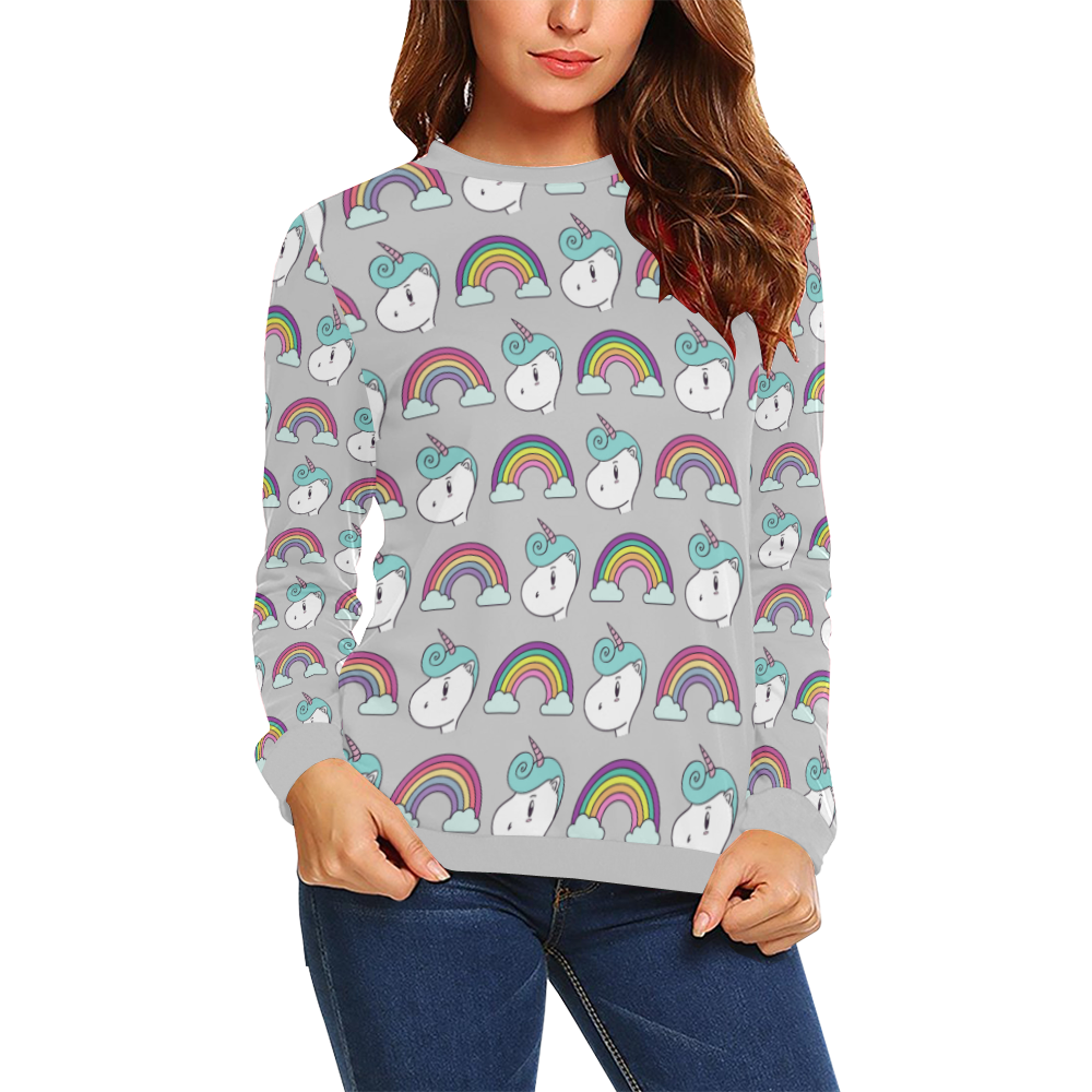 Unicorn Grey All Over Print Crewneck Sweatshirt for Women (Model H18)