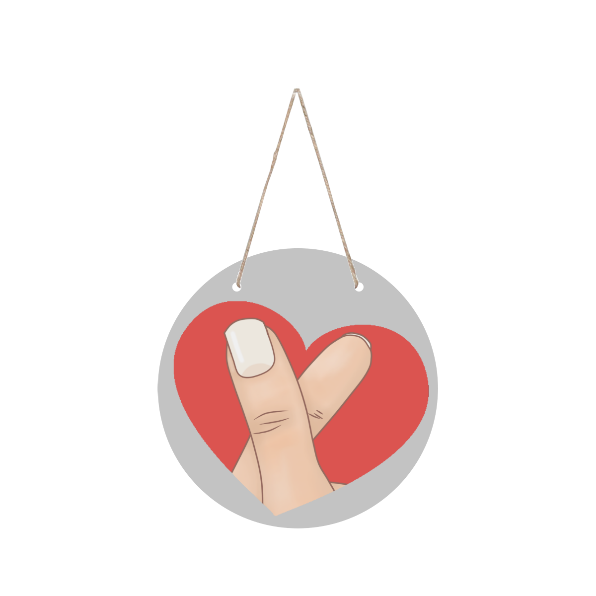 Red Heart Fingers on Silver Round Wood Door Hanging Sign