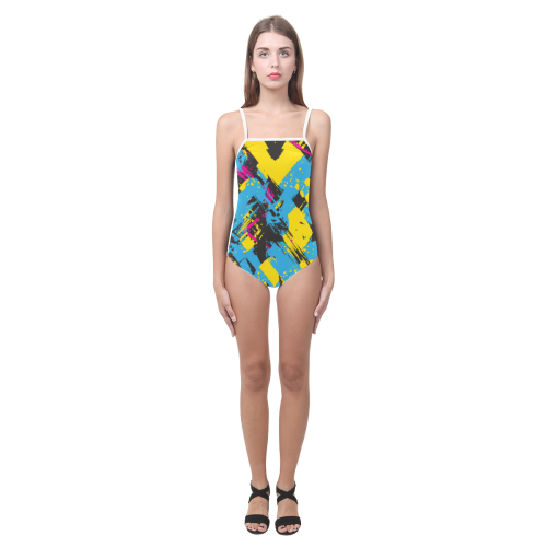 Colorful paint stokes on a black background Strap Swimsuit ( Model S05)