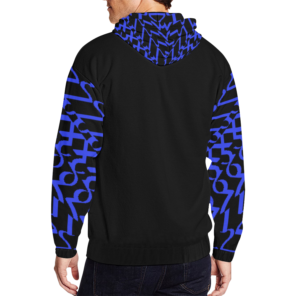 NUMBERS Collection 1234567 Slevees/Hood "Reverse" Blueberry/Black All Over Print Full Zip Hoodie for Men (Model H14)