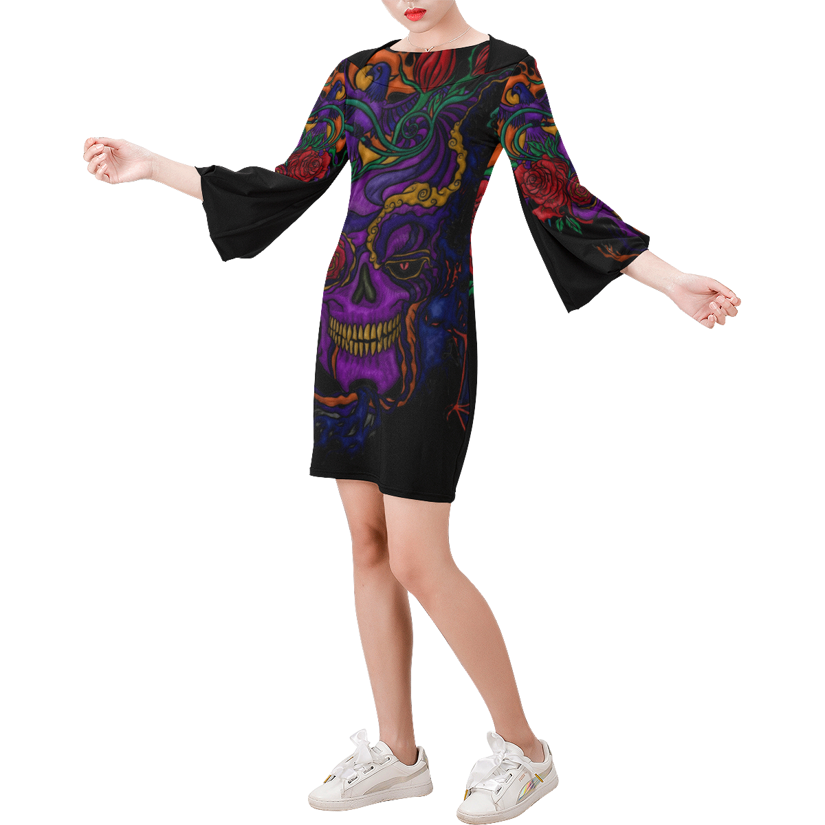 Funny Funky Sugar Skull Bell Sleeve Dress (Model D52)