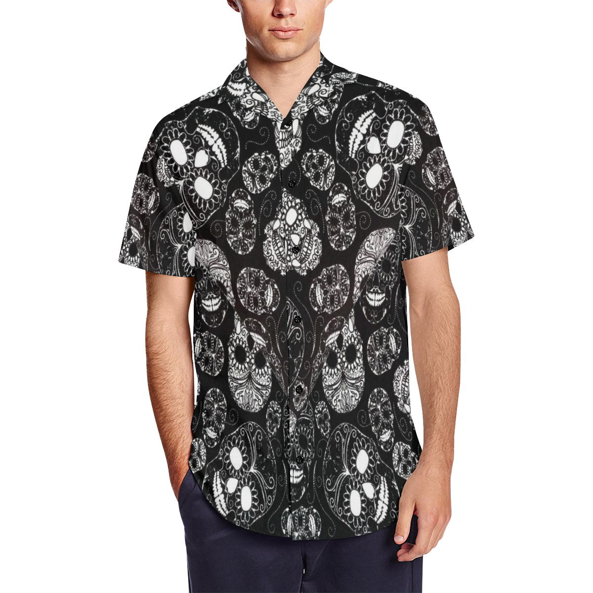 Gothic Sugar Skulls Satin Dress Shirt Men's Short Sleeve Shirt with Lapel Collar (Model T54)