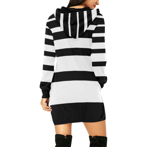 Black and White Irregular Stripes All Over Print Hoodie Mini Dress (Model H27)
