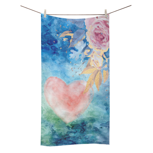 Heart and Flowers - Pink and Blue Bath Towel 30"x56"