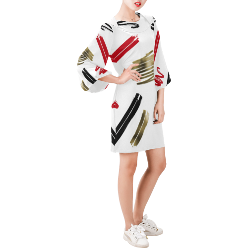 Red Black and Gold Effect Abstract Bell Sleeve Dress (Model D52)