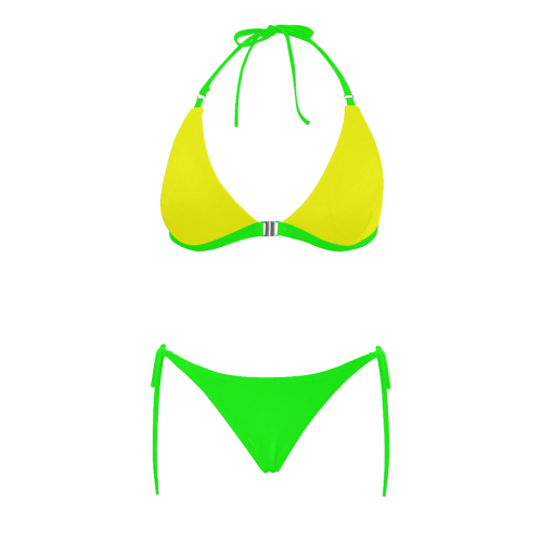 Bright Neon Yellow and Green Buckle Front Halter Bikini Swimsuit (Model S08)