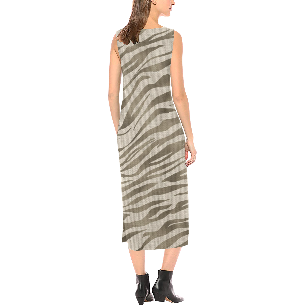 Linen Horizontal Large Tiger Animal Print Phaedra Sleeveless Open Fork Long Dress (Model D08)