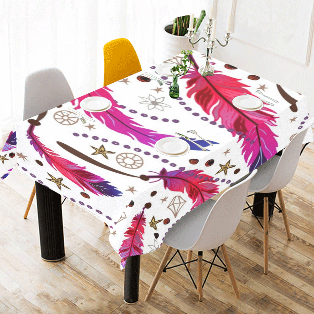 Boho Feathers Cotton Linen Tablecloth 52"x 70"