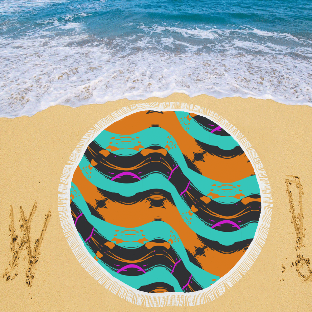 Blue orange black waves Circular Beach Shawl 59"x 59"