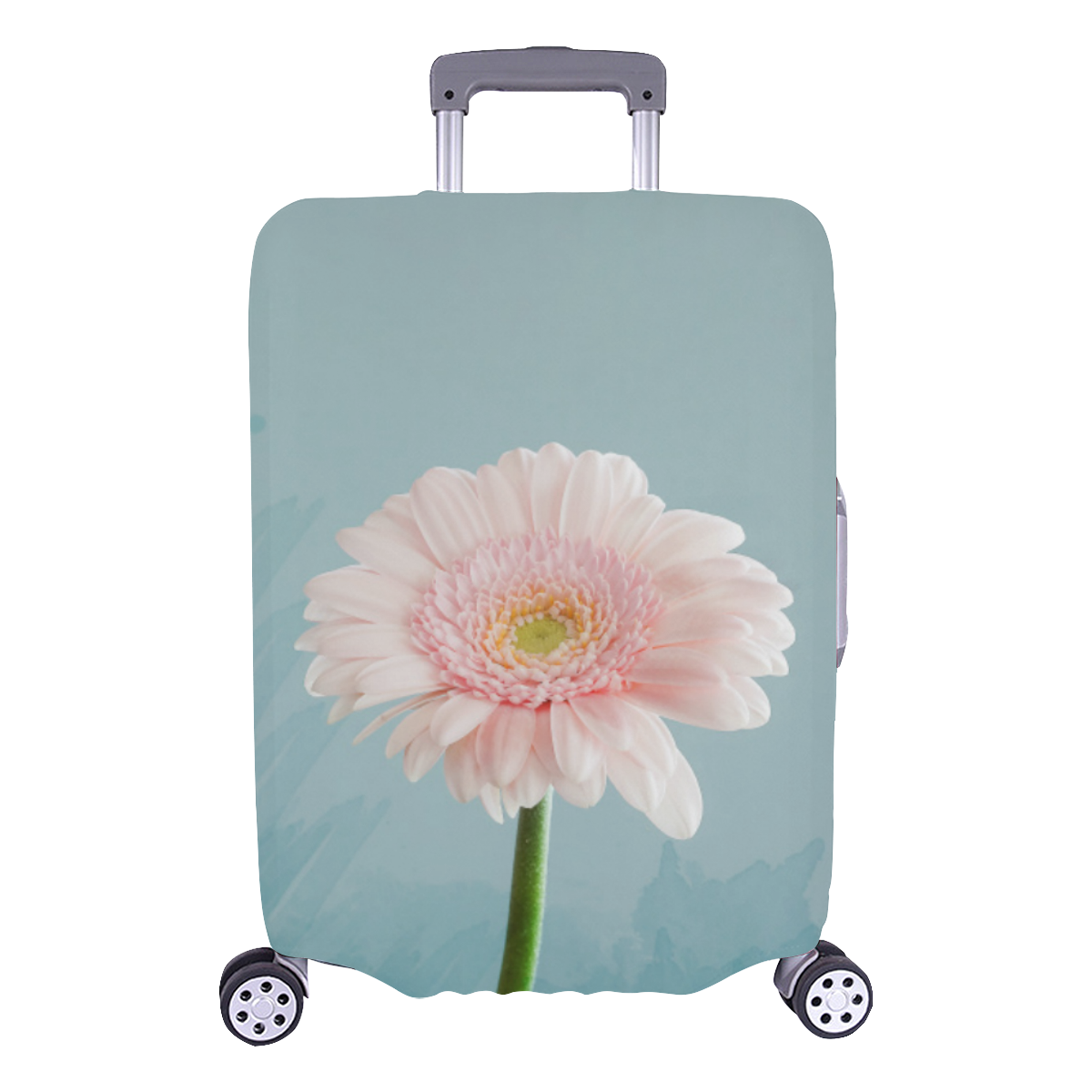 Gerbera Daisy - Pink Flower on Watercolor Blue Luggage Cover/Large 26"-28"