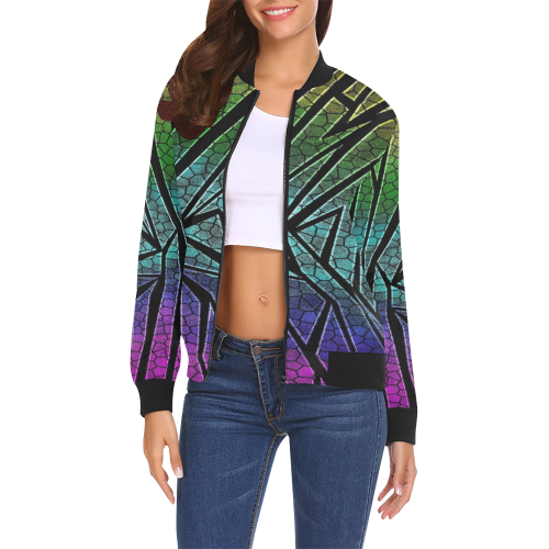 Neon Rainbow Cracked Mosaic All Over Print Bomber Jacket for Women (Model H19)
