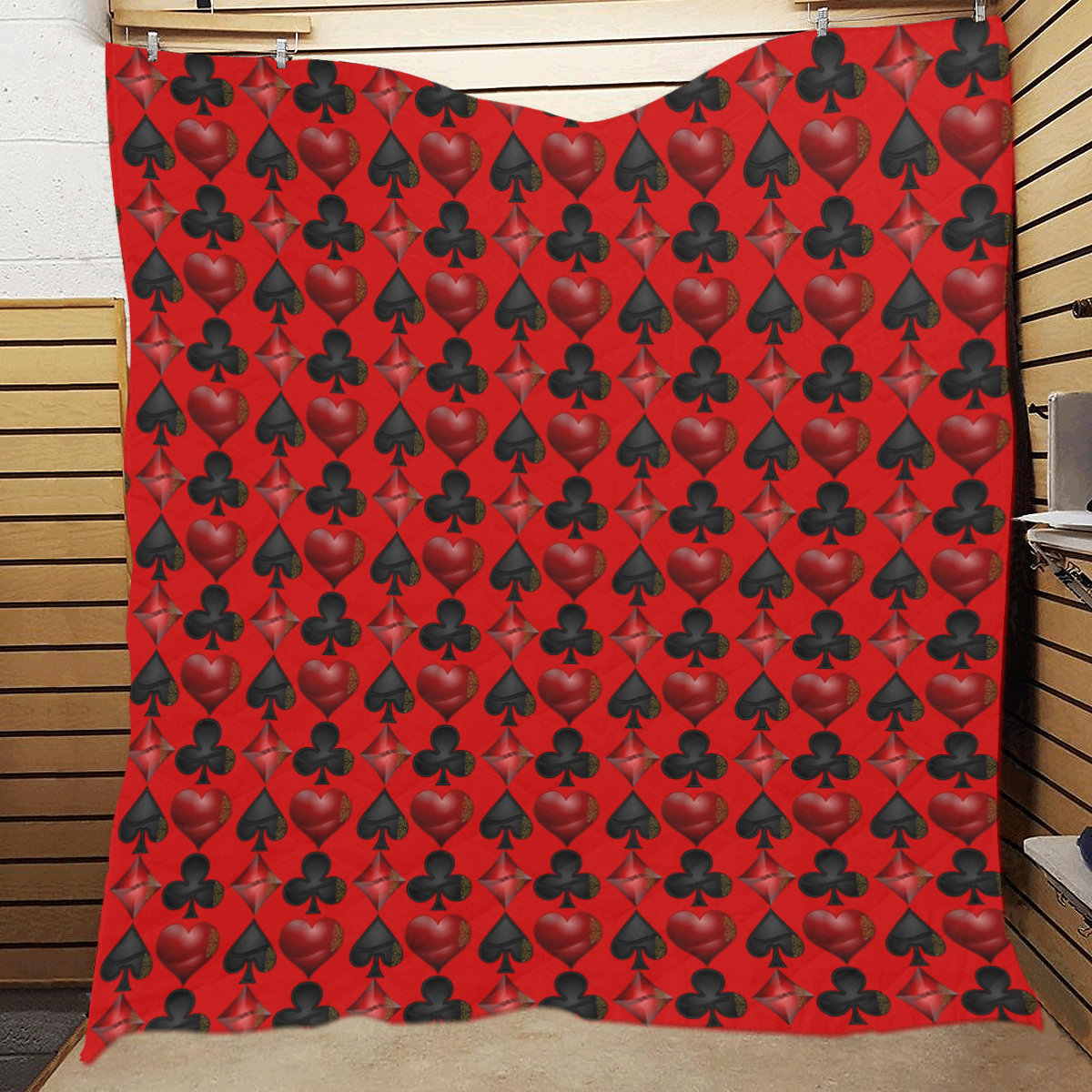 Las Vegas Black and Red Casino Poker Card Shapes on Red Quilt 60"x70"