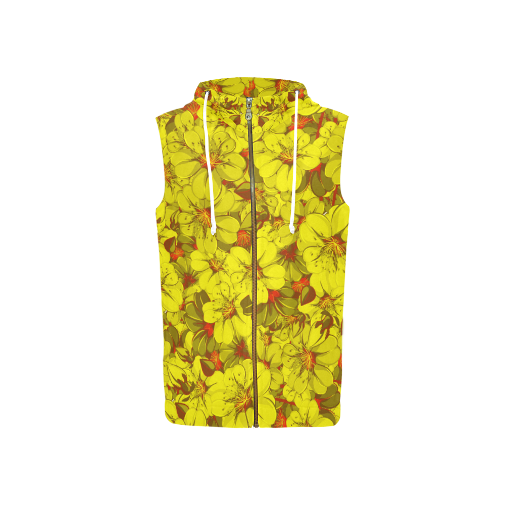Yellow flower pattern All Over Print Sleeveless Zip Up Hoodie for Women (Model H16)
