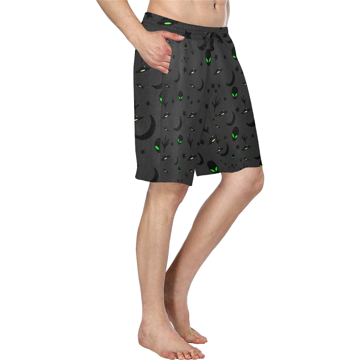 Alien Flying Saucers Stars Pattern on Charcoal Men's All Over Print Casual Shorts (Model L23)