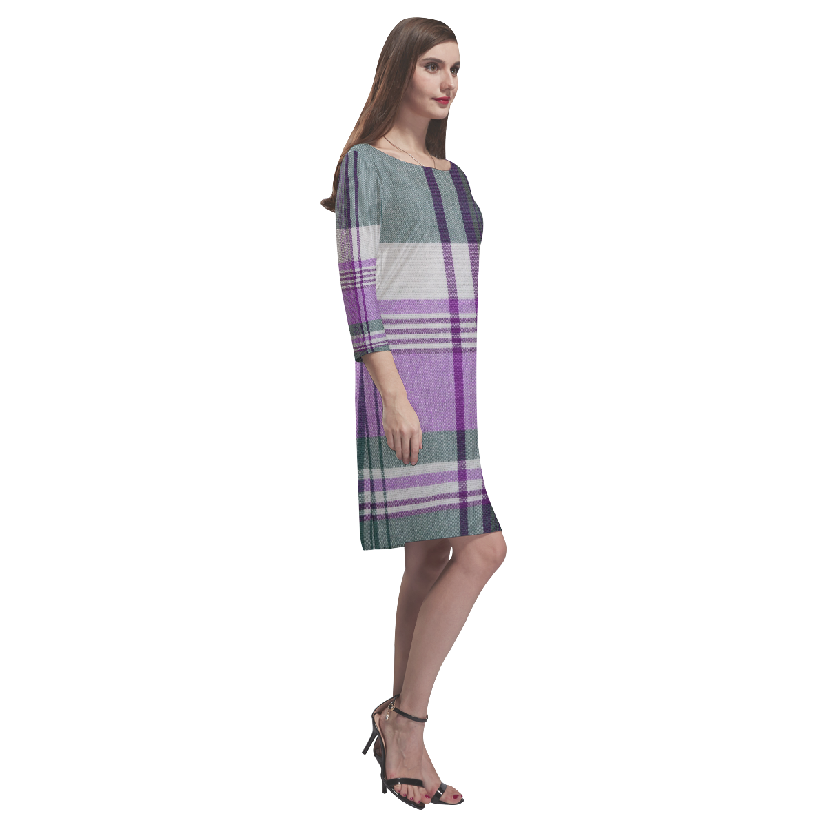 Purple Madras Plaid TALLER Pattern Rhea Loose Round Neck Dress(Model D22)