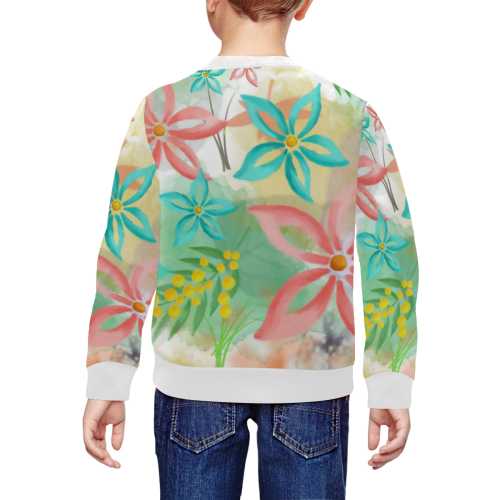 Flower Pattern - coral pink, teal green, yellow All Over Print Crewneck Sweatshirt for Kids (Model H29)