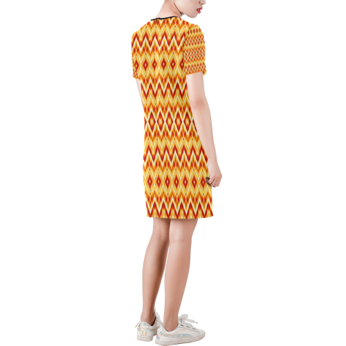 Colorful wavy motifs Short-Sleeve Round Neck A-Line Dress (Model D47)