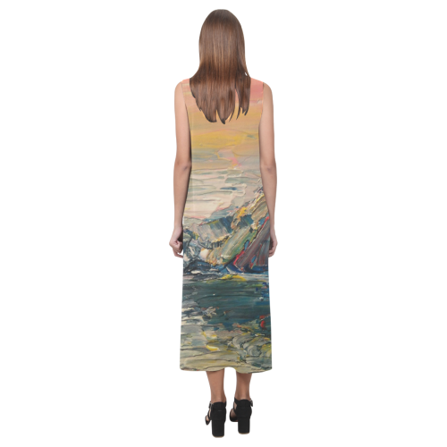 Mountains painting Phaedra Sleeveless Open Fork Long Dress (Model D08)
