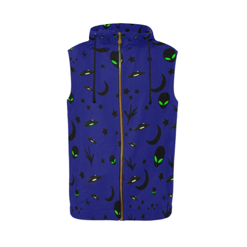 Alien Flying Saucers Stars Pattern on Blue All Over Print Sleeveless Zip Up Hoodie for Men (Model H16)