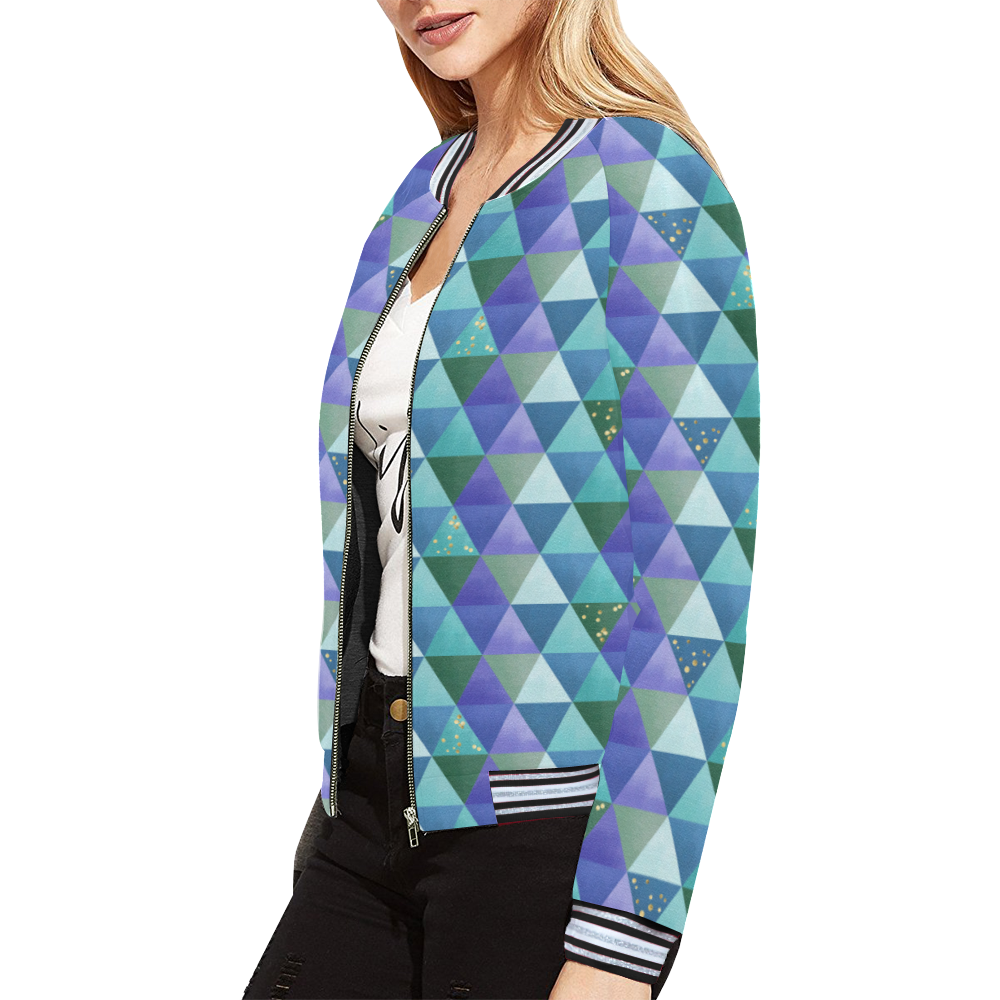 Triangle Pattern - Blue Violet Teal Green All Over Print Bomber Jacket for Women (Model H21)