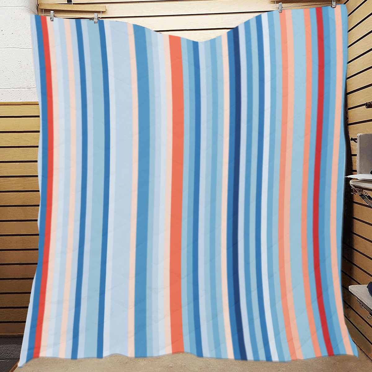 Blue and coral stripe 1 Quilt 70"x80"
