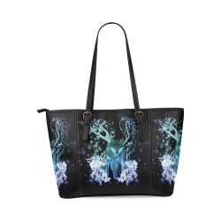 Awesome wolf with flowers Leather Tote Bag/Large (Model 1640)