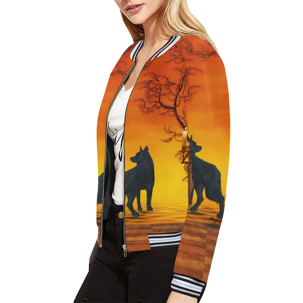 Wonderful black wolf in the night All Over Print Bomber Jacket for Women (Model H21)