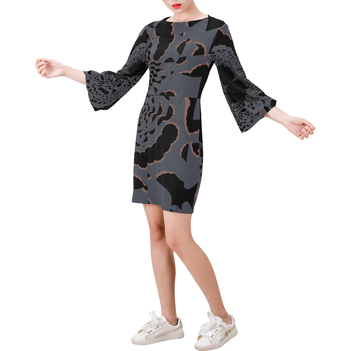 Dimensional Abstract Bell Sleeve Dress (Model D52)
