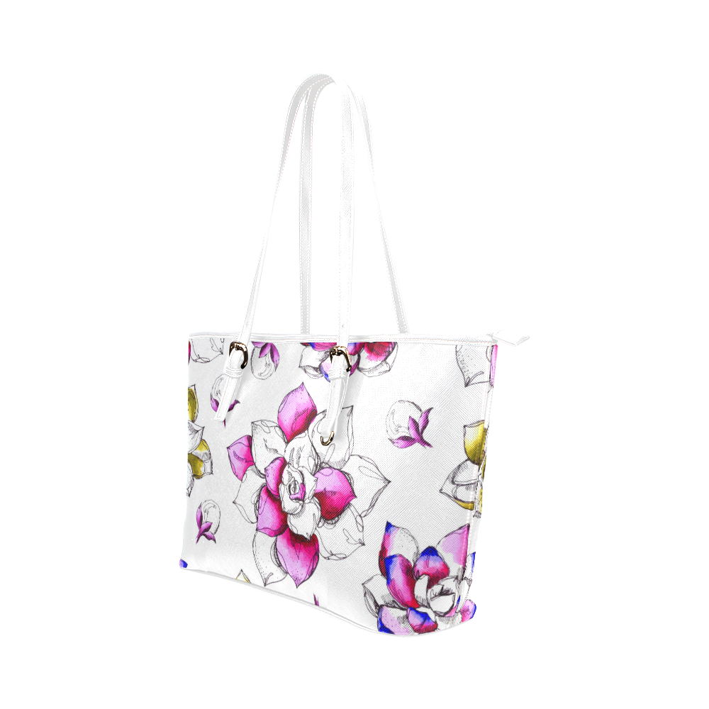 floral pink Leather Tote Bag/Small (Model 1651)
